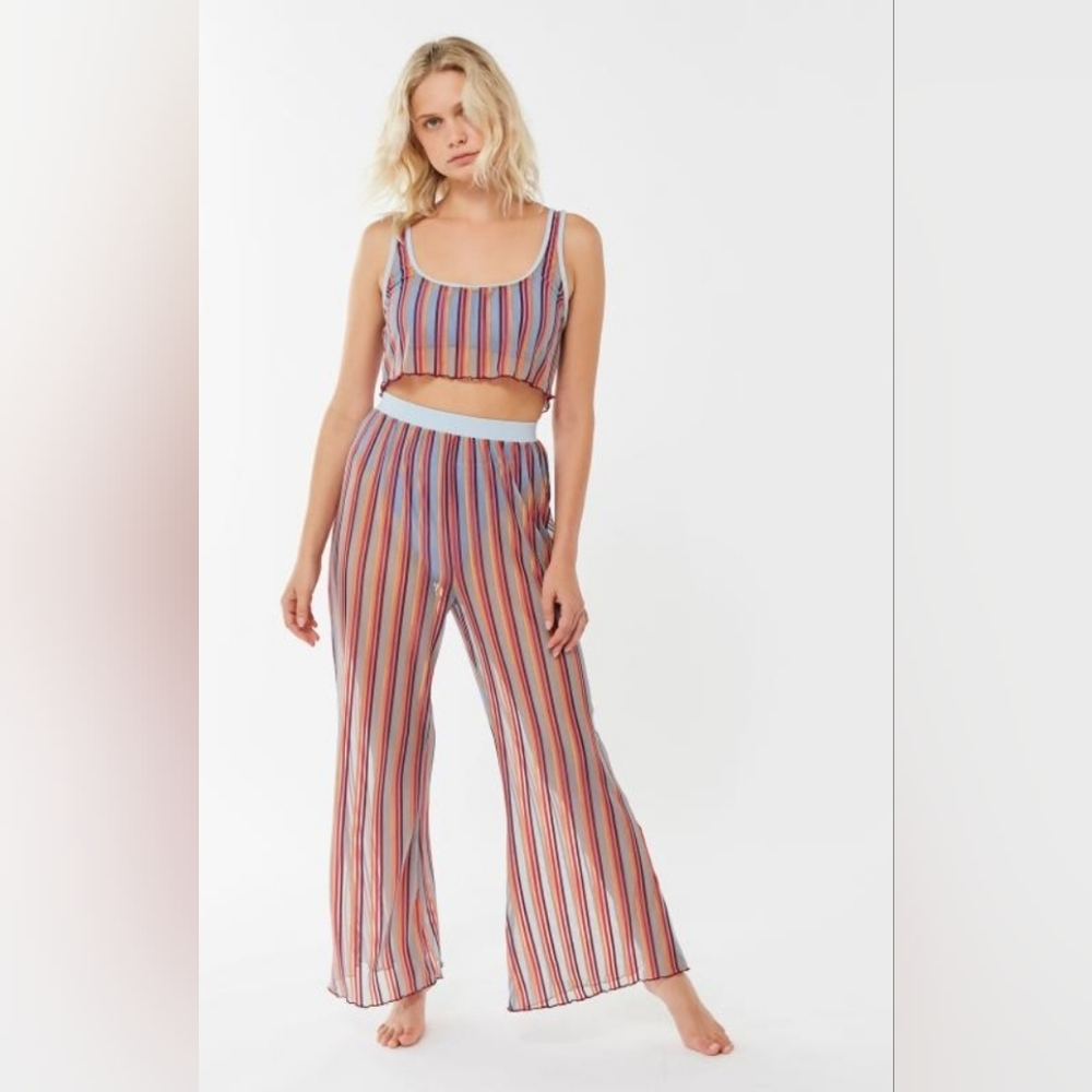 New Out From Under UO Womens Striped Sheer Mesh 2 Piece Lounge Set Size Small